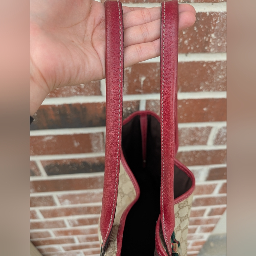 Gucci GG Canvas Tote Bag Red Leather Trim Monogram Shoulder Bag Authentic - Picture 9 of 12